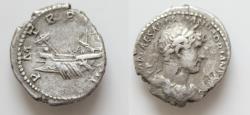 Ancient Coins - Hadrian. AD 117-138. AR Denarius (18mm, 2,8g, ). Rome mint. Struck circa AD 119-125. IMP CAESAR TRAIAN HADRIANVS AVG, laureate and draped bust right /P M T R P COS III, galley left
