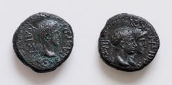 Ancient Coins - Augustus, with Rhoemetalces I and Pythodoris, Æ22mm  9,3g. of Byzantium, Thrace. Circa 11 BC - AD 12. Jugate heads