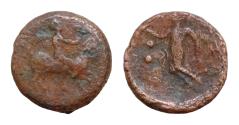 Ancient Coins - SICILY, Himera. Circa 425-409 BC. Æ Hexas or Dionkion (13mm, 1.3g, ). Pan, blowing into conch shell and cradling lagobolon in arm, riding goat springing left / Nike flying