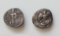 Ancient Coins - SICILY. Kamarina. Circa 461-440/35 BC. Litra (Silver, 14 mm, 0.48 g, ). Nike flying left; below, swan standing left; all within wreath. Athena