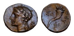 Ancient Coins - LUCANIA, Thourioi. Circa 280-213 BC. Æ (12mm, 1,5g, ). Laureate head of Apollo left; monogram behind neck / Cornucopia;