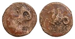 Ancient Coins - Sicily, Syracuse Æ 19mm. 7,6g Time of Dionysios I, 405-367 BC. Helmeted head of Athena to left,  countermark / Hippocamp swimming to left