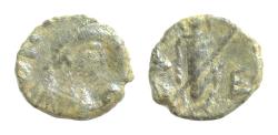 Ancient Coins - Leo I (457-474), with Verina, AE nummus 9 mm, 1g Constantinople. D N L - E O, diademed, draped and cuirassed bust right.  b-E, empress Verina,