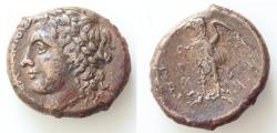 Ancient Coins - Sicily, Hiketas (287-278), Bronze, Syracuse, c. 287-278 BC, AE 23mm 10,4g.  ΔIOΣ EΛΛANIOY, laureate head of Apollo l., dotted border, Rv. ΣYPAKO-ΣIΩN