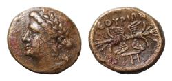 Ancient Coins - LUCANIA, Thourioi. Circa 280-213 BC. Æ (15mm, 3,2g, ). Laureate head of Apollo left / Winged thunderbolt; monogram below. HN Italy 1927; SNG ANS – Good VF.