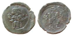 Ancient Coins - Justinian II. First reign, 685-695. Æ Follis 25mm, 5,3g,. Syracuse mint. Struck 692-693. Justinian seated facing on throne, wearing crown and chlamys,Large M; monogram above, palm