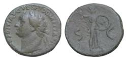 Ancient Coins - Domitian (Caesar, 69-81). under Titus  Æ As 26mm, 11,8g,  Rome, 80-1. Laureate head l. R/ Minerva walking r., brandishing javelin and holding shield.