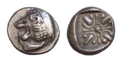 Ancient Coins - Ionia, Miletos AR Obol.Ionia, Miletos AR 8mm 1g  Obol. Late 6th-early 5th century BC. Forepart of lion left, head reverted / Stellate pattern in incuse square.