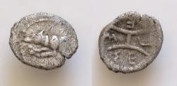 Ancient Coins - Sicily, Segesta AR 9mm 0,4g. Hemilitron. Circa 440-425 BC. Forepart of hound advancing to left / Large value mark H;(retrograde) around. Very Rare HOUND LEFT !!!!!!!!!