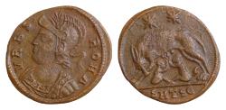 Ancient Coins - Commemorative Series, 330-354. Follis 18mm, 2.1g SMTES Thessalonika mint 330-333. VRBS ROMA Helmeted and mantled bust of Roma to left. She-wolf standing lsuckling Romulus and Remus