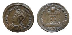Ancient Coins - Constantine II. As Caesar, AD 316-337. Æ Follis 18mm, 3.3g. Londinium (London) mint. Struck circa AD 321-323. Helmeted and cuirassed bust left / Globe set on altar