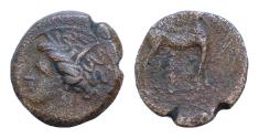 Ancient Coins - CARTHAGE. c. 400-350 BC. Æ Unit 16mm, 2,5g,  Carthage mint. Wreathed head of Tanit left / Horse standing right; palm tree in background; to right, Good Very Fine
