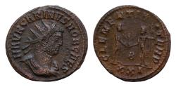 Ancient Coins - Carinus, as Caesar, Æ Antoninianus. Cyzicus, AD 282-283. M AVR CARINVS NOB CAES, radiate, draped and cuirassed bust right / CLEMENTIA TEMP, Carinus standing right
