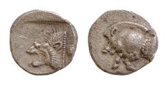 Ancient Coins - Mysia. Kyzikos circa 480 BC. Obol AR 8mm., 1g. Forepart of boar left with tall mane and dotted truncation, to right, tunny upward / Head of roaring lion left with bristling mane