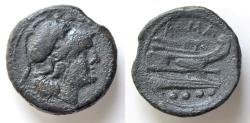 Ancient Coins - Anonymous. 211-210 BC. Æ Triens,  H series. Mint in southeast Italy. Helmeted head of Minerva right; •••• (mark of value) above / Prow of galley; ROMA, Crawford 85/4; Sydenham 175b