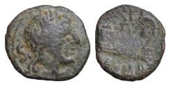 Ancient Coins - Anonymous Æ 22mm 5,4g Semis. Rome, 157-156 BC. Laureate head of Saturn to right; S behind / Prow to right; S above, ROMA below. Crawford -, cf. 197-198B/2; Very Fine