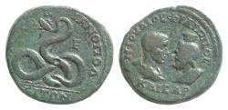 Ancient Coins - MOESIA INFERIOR. Marcianopolis. Philip II (Caesar, 244-247). AE28, 13.6g  Pentassarion.Serpent-shaped Glycon coiled, bearded head left; E (mark of value) in field to right.