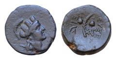 Ancient Coins - CAPPADOCIA. Caesarea.(as Eusebeia).(Circa 96-63 BC).AE16mm 4,4g  Turreted head of Tyche right  Palm frond; monogram to left and right. Two caps of dioscuri !!!! Very rare !