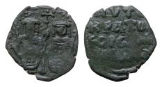 Ancient Coins - Andronicus II Palaeologus, with Michael IX. 1282-1328. Æ Assarion19mm, 1.5 g,). Constantinople mint. Struck 1294-circa 1320. Half-length facing figures of Andronicus and Michael,