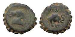 Ancient Coins - Seleukid Empire, Demetrios I Soter Serrate Æ 16,5mm. 5,2g Antioch on the Orontes, 162-150 BC. Bridled head of horse to left / head of elephant to right.
