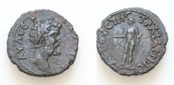 Ancient Coins - THRACE, Augusta Traiana. Septimius Severus. AD 193-211. Æ 18mm (3.56 g, 2h). Laureate head right / Apollo standing left, holding patera and bow.