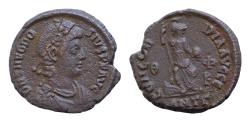 Ancient Coins - Theodosius I. A.D. 379-395. Æ 18mm, 2,8g,  Antioch, A.D. 378-383. D N THEODO-SIVS P F AVG, pearl-diademed, draped and cuirassed bust of Theodosius I right / CONCOR-DIA AVGGG