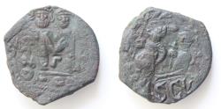 Ancient Coins - Heraclius (610-641). Æ 40 Nummi  Syracuse, 632-641. Countermarked: crowned facing busts of Heraclius and Heraclius Constantine; cross above. R/ SCLs