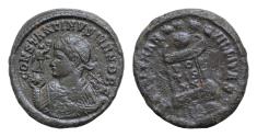 Ancient Coins - Constantine II caesar, 317 – 337 Treviri 322, Æ 18,5mm 3.3g. CONSTANTINVS IVN NOB C Laurate and draped bust l., holding Victory on globe in r. hand and mappa in