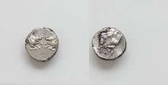 Ancient Coins - Karia, uncertain mint AR Hemiobol. Circa 500-450 BC. Confronted foreparts of two bulls / Forepart of bull to left.