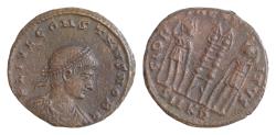 Ancient Coins - Constans, Caesar (333-337 AD). Kyzikos AE Follis (17mm 2,8g) FL IVL CONSTANS NOB C. Laureate, draped and cuirassed bust right.  GLORIA EXERCITVS  Two soldiers