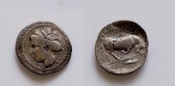 Ancient Coins - Sicily, Katane AR Litra. Circa 405-403/2 BC. Female head to left, with hair in sphendone / Bull butting to right; KATANAIΩN above, crayfish to right in exergue