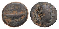 Ancient Coins - SELEUKID KINGS of SYRIA. Demetrios I Soter. 162-150 BC. Æ 21mm 8g,  Tyre mint. Dated SE 159 (154/3 BC). Diademed head right / Prow of galley right; date above