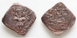 Ancient Coins - Costantine IV (668-685) Syracuse Follis AE25mm 3,3g.Constantine stage facing, wearing helmet and cuirassed and holding spear Large M,  Heraclius (on l.) and Tiberius (on r.),