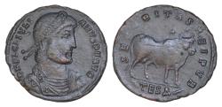 Ancient Coins - Julian II, AD 361-363. Bronze Follis. (28 mm, 7,8 g.). Thessalonica.SECVRITAS REIPVB, bull standing right, two stars above.
