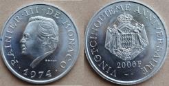 World Coins - Monaco Rainier III Proof- CAMEO Platinum Medallic 2000 Francs 1974 Paris mint, KM-XM5. APtW 0.9970 oz. Platine, 30,0 mm, 20,03 g.