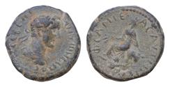 Ancient Coins - Antoninus Pius Æ 18mm 6g of Samosata, Commagene. Tyche seated to left on rock, holding poppy and corn-ears, river-god (Euphrates) swimming to right below