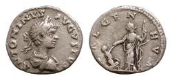 Ancient Coins - CARACALLA. 198-217 AD. AR 18,5mm  Denarius (2,3gm). Struck 199 AD. ANTONINVS AVGVSTVS, laureate, draped, and cuirassed bust right, seen from behind / SAL GEN HVM, Salus