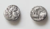Ancient Coins - SIKYONIA, Sikyon. Circa 350-330/20 BC. AR Obol . Laureate head of Apollo right / Dove flying l