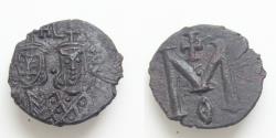 Ancient Coins - Michael II, 820-829 AD. Æ 19mm Follis (3.13 gm) of Syracuse. Facing crowned busts of Michael & Theophilos / Large M.