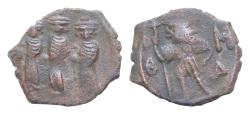 Ancient Coins - Constans II. 641-668. AE follis (19mm, 3.2g,). anepigraphic. Constantinople mint, Struck 659/60  Constantine IV, Heraclius and Tiberius all standing facing