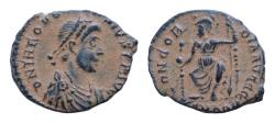 Ancient Coins - Theodosius I. AD 379-395. Aquileia Follis Æ 17mm., 2,1g. D N THEODOSIVS P F AVG, diademed, draped and cuirassed bust right / CONCORDIA AVGGG, SMAQ., Roma seated facing,