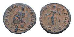 Ancient Coins - Time of Maximinus II. AD 310-313. Æ 15mm 1.9g, Antioch mint, 1st officina. Tyche of Antioch seated on rocks river god Orontes below / Apollo standing left holding patera and lyre