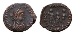 Ancient Coins - Honorius (393-423) AE 14,5mm, 2.1g  Cyzicus, 406-408. three emperors (Arcadius, Honorius & Theodosius II) standing,