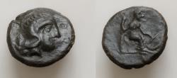 Ancient Coins - SICILY, Athl-. Circa 344-339 BC. Æ Hexas(?) (14.5mm, 3.5g,  Helmeted head of Athena right / Female figure enthroned right, holding scepter(?) and bow.