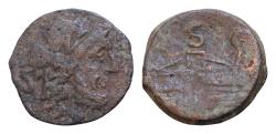 Ancient Coins - Roman Republican Anonymous, unofficial series (?), after 211 BC. Æ Semis (19.5mm, 6g,). Laureate head of Saturn r. R/ Prow r.; retrograde S