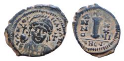 Ancient Coins - MAURICE TIBERIUS. 582-602 AD. Æ 20mm Decanummium (4 gm). Antioch mint. Crowned facing bust wearing consular robes, holding mappa and eagle-tipped sceptre / Large I; year XXX4I;