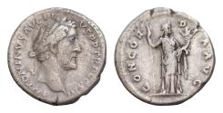 Ancient Coins - Antoninus Pius, AD 138-161. AR, Denarius. 3g. 18mm. Rome.  ANTONINVS AVG PIVS P P TR P COS III. Head of Antoninus Pius, laureate, right.  CONCORDIA AVG. Concordia