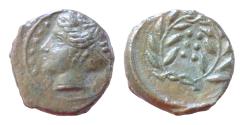 Ancient Coins - Sicily, Himera Æ 16mm 3,4g Hemilitron. c. 415-409. Head of nymph l., hair bound in ampyx and sphendone; six pellets before / Six pellets within wreath