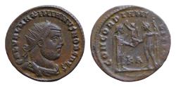 Ancient Coins - Galerius Maximianus as caesar (286-305), AE antoninianus 20mm, 3,3g CAL VAL MAXIMIANVS NOB CAES, radiate and cuirassed bust of Maximianus right, pellet below bust. CONCORDIA MILITV