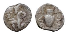 Ancient Coins - Islands off Thrace. Thasos 450-425 BC. Obol AR 11mm., 0,7g. Satyr kneeling left, holding kantharos with right hand / ΘAΣIΩN, amphora.